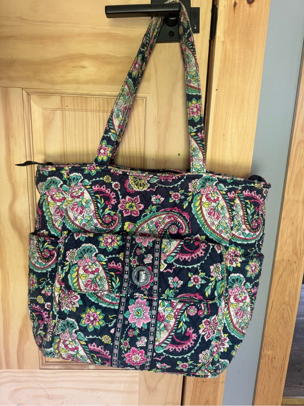 Vera Bradley Navy Paisley Quilted Tote with Pink & Green Accents